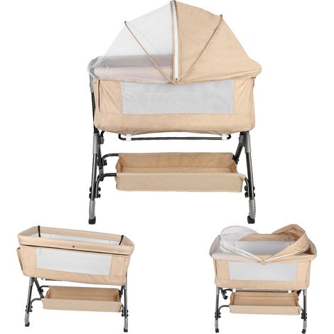 Lit bébé 2 en 1 avec matelas, lit bébé, réglable en hauteur, lit enfant à roulettes, couleur crème (1/5)