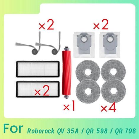 11-teiliges Zubehör für Roborock QV 35A / QR 798 / QR 598 Staubsauger: rotierende Seitenbürste, HEPA-Filter, Reinigungstuch und Staubbeutel.