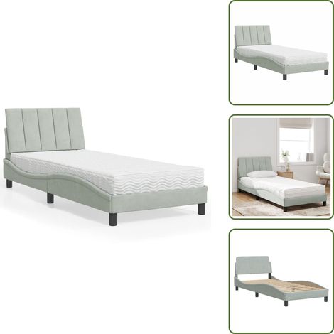Cama de madera - vidaXL Cama con colchón Hanko terciopelo gris claro 90x190 cm - Cama de 90x190 cm
