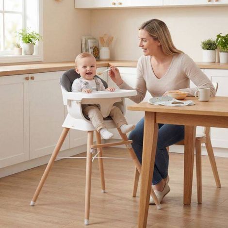 Chaise haute bébé évolutive en bois de hêtre, plateau réglable 3 positions, chaise repas pour bébé et jeune enfant (1/5)