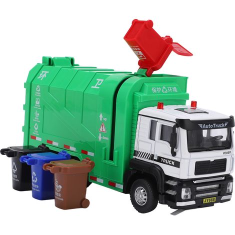 Camion poubelle jouet multifonctionnel 1:50, camion de recyclage en alliage à rétrofriction avec 4 poubelles (1/5)