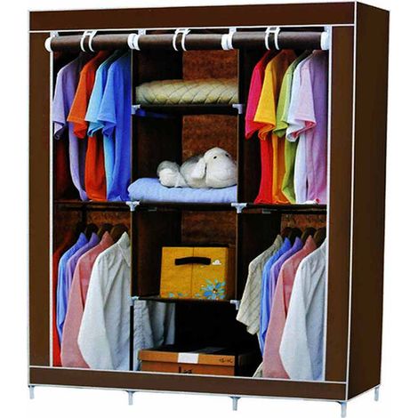 Guardaroba in Tessuto salvaspazio per Campeggio casa al Mare Arredamento Organizer Armadio con Zip e scaffali 175x130x45 cm Marrone