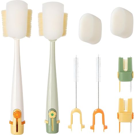 Lot de 2 : brosse de nettoyage pour bouchons de bouteilles 5-en-1 (outil de nettoyage de cuisine multifonction) – Brosse portable avec long manche, poils rigides et tête en éponge (1/5)