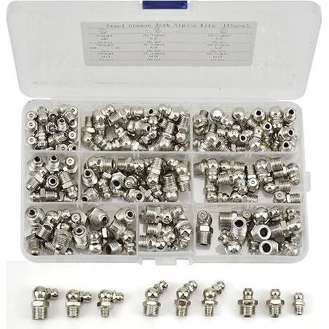 115 Pièces Assortiment de graisseurs M6 M8 M10 Raccords Filetés de Graissage en Fer Nickelé Droit et Coudé 45°/90° pour Équipement Mécanique graisseur
