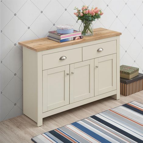 Modern Sideboard with 3 Doors and 2 Drawers Cream with Oak Top (1/5)
