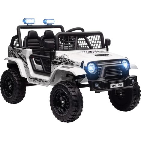 Voiture électrique pour enfants avec suspension souple, télécommande, phares LED, klaxon, moteurs 12 V, en plastique et métal, blanche