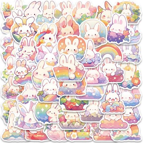 Autocollants Lapin - PVC Imperméable - Pour Bouteille Eau Ordinateur Valise Téléphone - 50 Pièces (1/5)