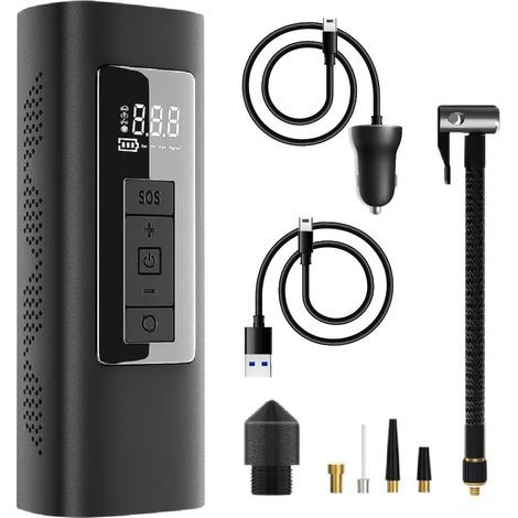 Compresseur d'air pour voiture 6000mAh 150PSI Gonfleur électrique portable pour vélo, moto, ballons Avec lampe de poche, lumière d'urgence et Batterie Externe (1/5)