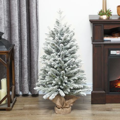 Mini árbol de Navidad artificial de 90 cm, abeto artificial con nieve, 486 puntas, base de cemento y funda de lino. (1/5)