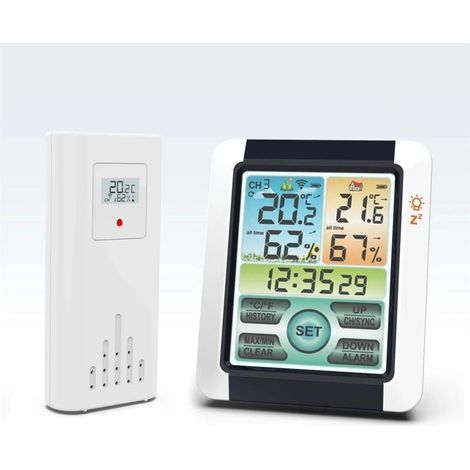 Wetterstation, 1 Set aus drahtlosem Innen-/Außenthermometer und Feuchtigkeitssensor, Farbwetteruhr mit großem LCD-Touchscreen XXW