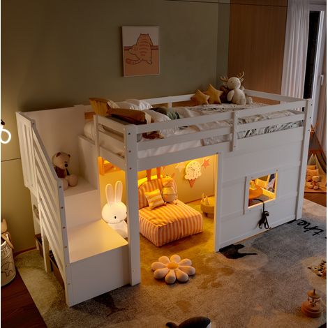 MEUBLIV Hochbett 90x200 cm weiß – mit Stauraumtreppe, ohne Matratze (1/5)
