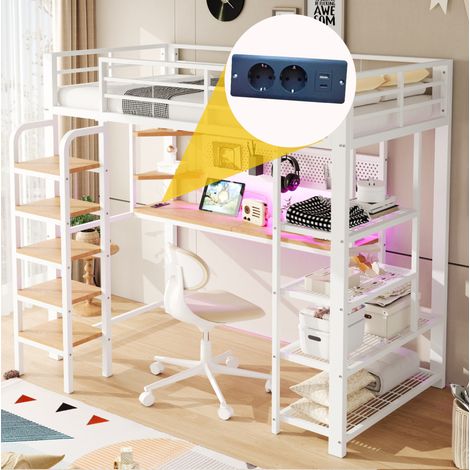 Letto a soppalco per bambini 90x200 cm con illuminazione a LED, scrivania e presa elettrica, in metallo e legno bianco (1/5)