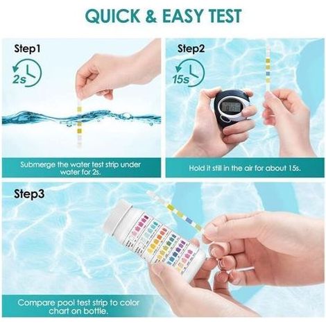 6 en 1 Bandelettes Piscine Brome Spa, Languettes Ph Piscine Bandes Test Qualité d'eau sur Chlore Brome Alcalinité Acide Cyanurique Dureté du Liquide Testeur Générale (100pcs) (1/5)
