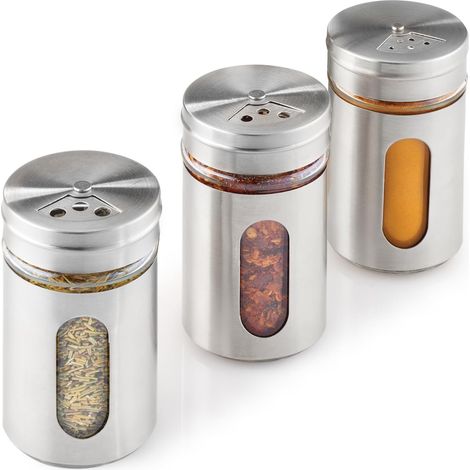 Set aus drei Gewürzgläsern aus Glas und Edelstahl, 100 ml