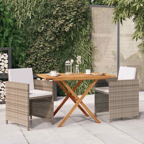 Ensemble repas de jardin 3 pièces en acacia et résine tressée beige avec coussins - PANGIVO (1/5)