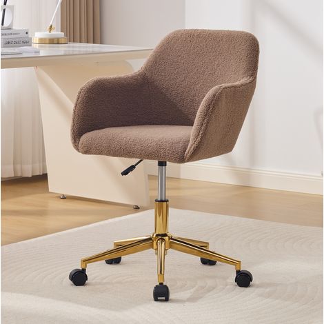 Sedia da ufficio girevole a 360°, regolabile in altezza, base dorata con rotelle, sedia da toeletta in tessuto marrone effetto orsacchiotto (1/5)