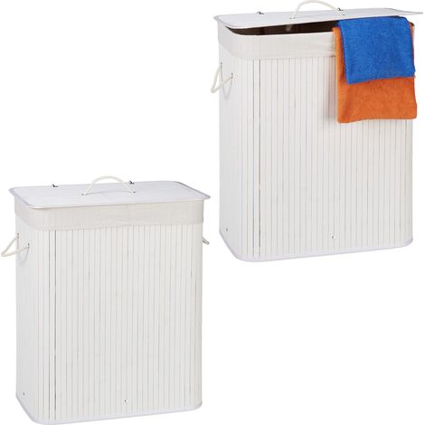 Relaxdays 2x Bamboo Laundry Baskets, Clothes Container, 2 Compartments, 95 l, Rectangular Hamper, 63x55x105 cm, White