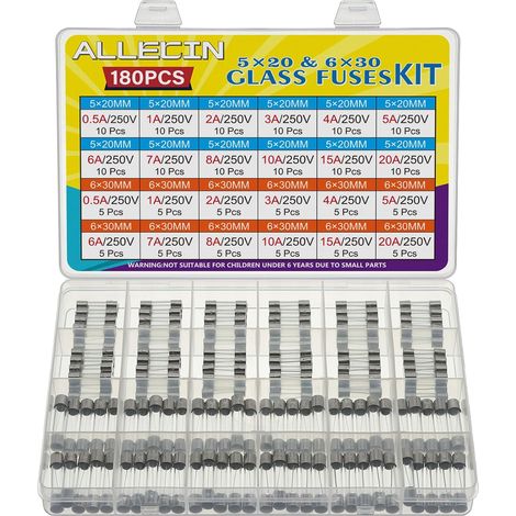 24 Values Fast Fusion Glass Fuse Assortment Kit 250V 0.5A 1A 2A 3A 4A 5A 6A 7A 8A 10A 15A 20A 5x20MM 6x30MM 0.5 1 2 3 4 5 6 7 8 10 15 20 A Tube Fuses Glass Fuses Set (1/5)