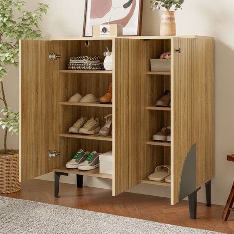 Zapatero 90x32x94 cm color madera en tablero de partículas con 3 puertas y estantes (1/5)