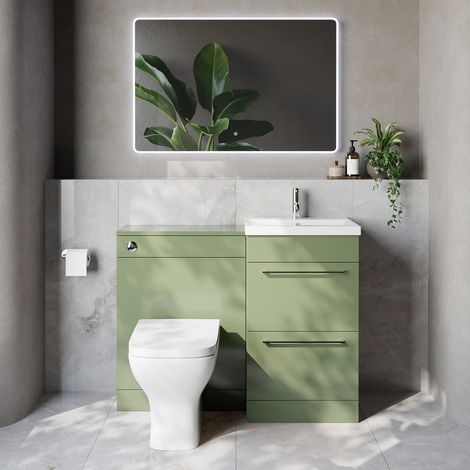 Napoli 390 Cento Olive Green 1100mm 2 Drawer Vanity Unit Toilet Suite with Glide Basin - 1100mm - Chrome 320mm HandleWith Kingston Toilet Pan and Seat