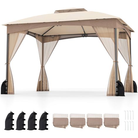 Gazebo de patio 365 x 300 x 288 cm avec moustiquaires amovibles toit double résistant en polyester kaki