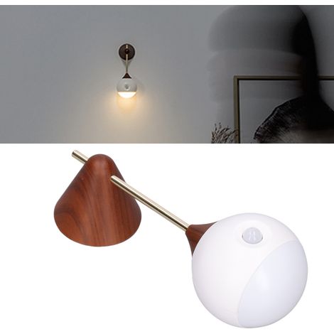 Applique murale à détecteur de mouvement, veilleuse LED à piles, lumière chaude amovible, chargement USB, pour escalier ou chambre, aspect bois. (1/5)