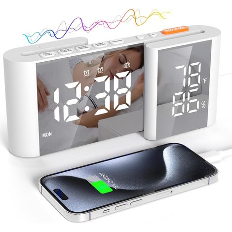 Radio Réveil pour Chambre à Coucher Radio FM Horloge LED avec Miroir Snooze USB Charge Port Volume Luminosité Réglable Blanc (1/5)