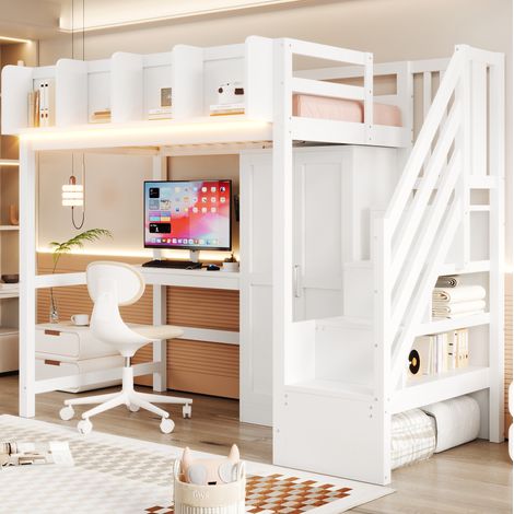 Letto a soppalco 90x200 cm bianco in legno - con scrivania e armadio (1/5)