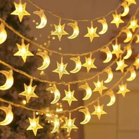 Guirlande lumineuse solaire étoile et lune - 8 modes d'éclairage - Eau - Fête de mariage (couleur chaude) - 12 mètres avec 100 lumières (1/3)