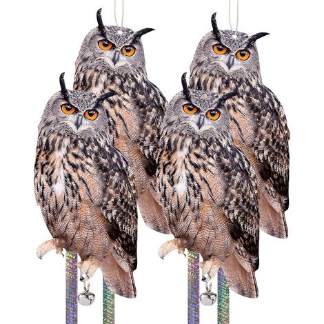 Lot de 4 Répulsifs Oiseaux, Hibou Plat Réfléchissant, Plastique, Avec Ruban et Cloche, Pour Balcon Jardin (1/5)