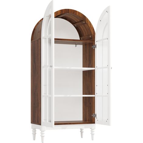 Vitrina arqueada de 165 cm con puertas dobles de vidrio estriado, 3 niveles, nogal y blanco (1/5)