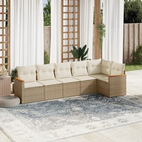 Ensemble Salon Jardin 6 Places Résine Tressée Beige avec Coussins - Modulaire Stockage Eau (1/4)