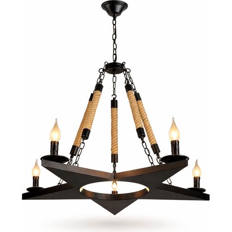Lampadario Industriale a Sospensione Stella 5 Luci E14 in Metallo Nero con Corde in Canapa Stile Vintage Rustico per Soggiorno Sala da Pranzo Loft