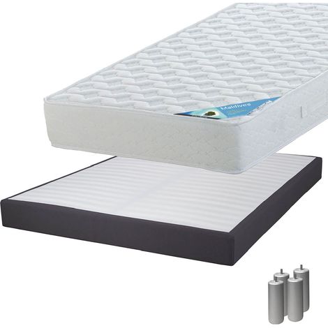MALDIVES - Pack Matelas 140x190 + Sommier Tapissier Démontable 2x20 Lattes Anthracites + Pieds Argent 15cm (1/5)