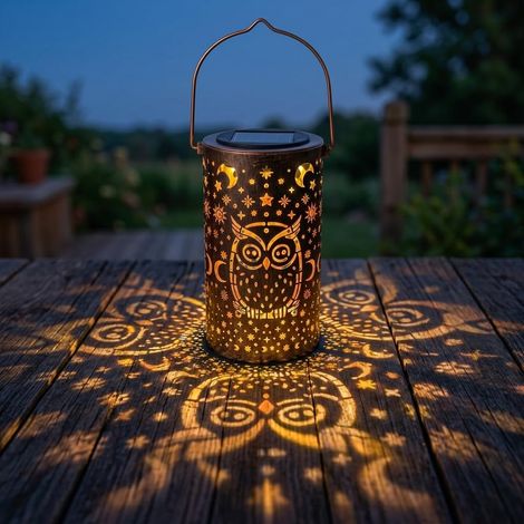 Lanterne solaire en forme hibou découpé projection métal creux lampe étanche énergie solaire décorative jardin terrasse cour camping (1/5)