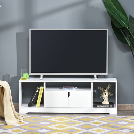 Blanc 120x30x41cm - Meuble TV pour télévision jusqu’à 42" : table TV de salon moderne avec placard à double porte et 3 compartiments ouverts
