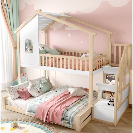 Cama Litera 90x200 Cm + 140x200 Cm Estructura Pino Natural Y Blanco (1/5)
