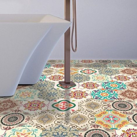 Funlife Sticker adhésif pour carrelages Sol 20x23cm, 30pcs, Imitation Faïence Carreaux de sol en imitation ciment, Baroque (1/5)