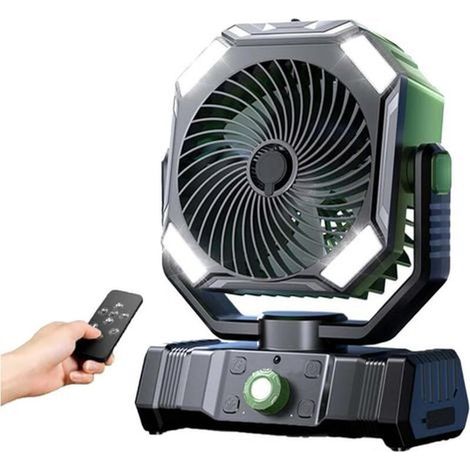 Ventilateur de camping. Autonomie exceptionnelle. Rechargeable par USB. Télécommande incluse. 4 vitesses. Minuterie intégrée (verte). (1/3)