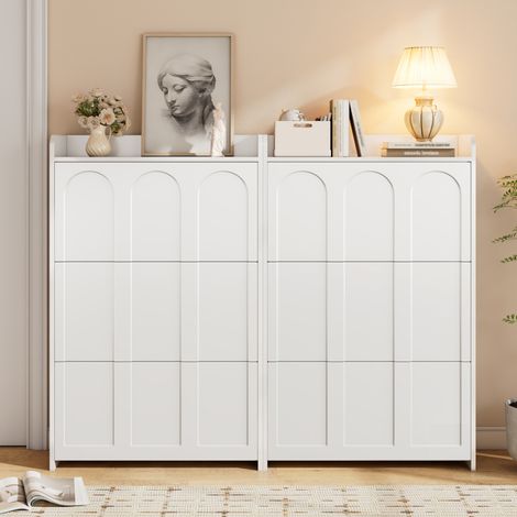 Meuble à Chaussures 6 Portes Abattantes 12 Compartiments Rangement Entrée Gain de Place en MDF 140x25x120 cm Blanc (1/5)
