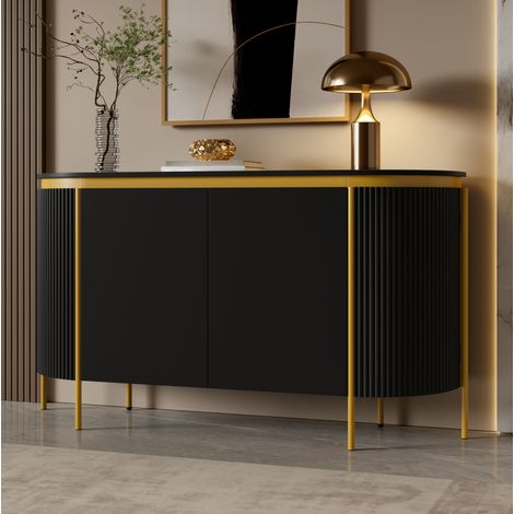 Credenza ovale in MDF con 4 ante e piedi in ferro 140 x 38 x 80 cm nera OKWISH (1/5)