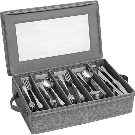 Boîte à couverts avec couvercle, boîte de rangement pour couverts, boîte à couverts avec 5 compartiments ajustables, rangement pour couteaux, fourchettes, cuillères, cuisine, restaurant et camping (43 (1/5)