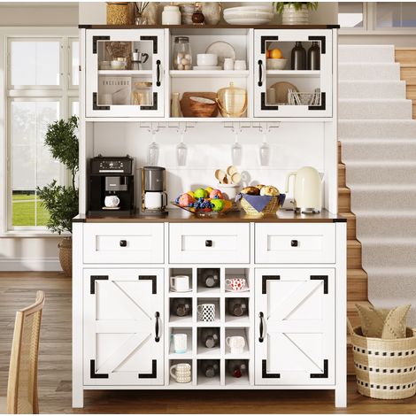 MODFU – Buffet haut 120x40x170 cm MDF – LED et prises USB – Porte-verres et casier à vin – Cuisine – Blanc (1/5)