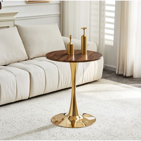Tavolo da pranzo rotondo 60 cm in MDF e metallo, piano effetto noce, base centrale dorata DESVIAE (1/5)