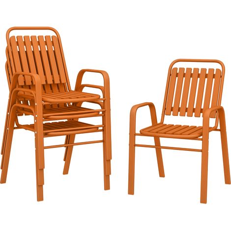 Set aus 4 stapelbaren Gartenstühlen mit hoher Rückenlehne und Armlehnen, Stahlrahmen, 56 x 66 x 91 cm, orange