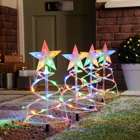 Festive Outdoor Set of 4 Spiral Pathfinder Christmas Trees Lights Multicolour