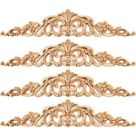 4-Piece Decorative Wooden Mouldings, Handmade Carved Floral Ornaments, Long Wood Trim for Furniture, Doors, Windows, Kitchen Decor, 30x6 cm (1/5)
