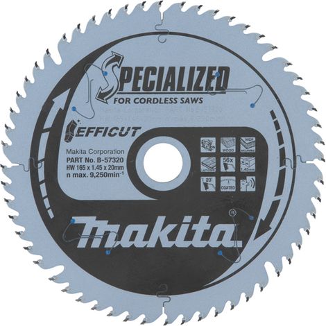 Makita – Lame carbure multi-bois 165x20 mm 56 dents – Pour bois, MDF et stratifié – Vitesse max 9250 tr/min – Forme ATAFR