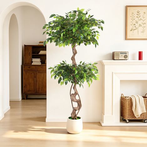 Jiubiaz Ficus artificiale 150 cm con vaso bianco, foglie verdi (1/5)