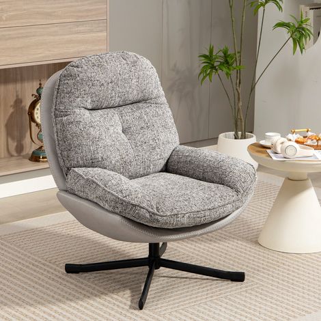 Butaca de Salón Giratoria Moderna Tapizada en Chenilla y Cuero PU con Asiento Ancho Base de Cruz Sillón Relax Gris (1/5)